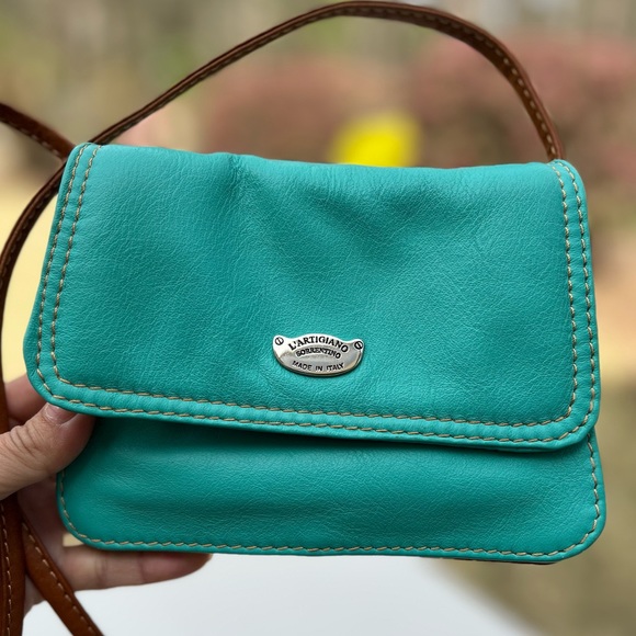 L'ARTIGIANO SORRENTINO Leather Crossbody Purse teal aqua tan bag Italy made - Picture 8 of 12